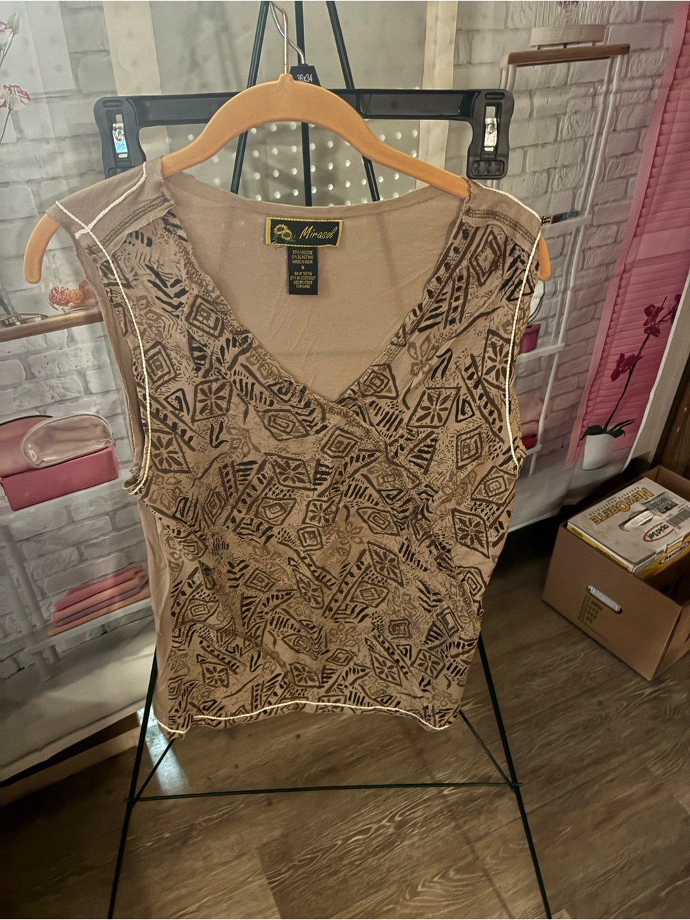 Mirasol Taupe Sleeveless V-Neck Printed Tank